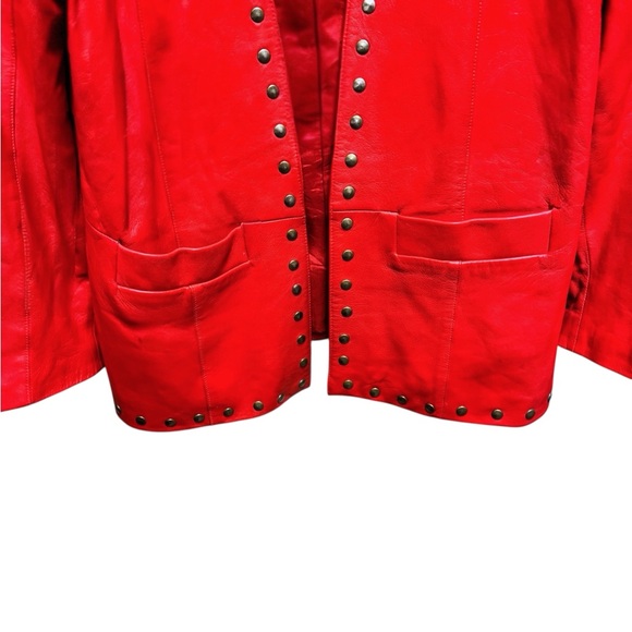 JULIAN K. Late 80’s Red 100% Leather Open Front Power Jacket w/Gold Studs Sz L - Picture 3 of 6